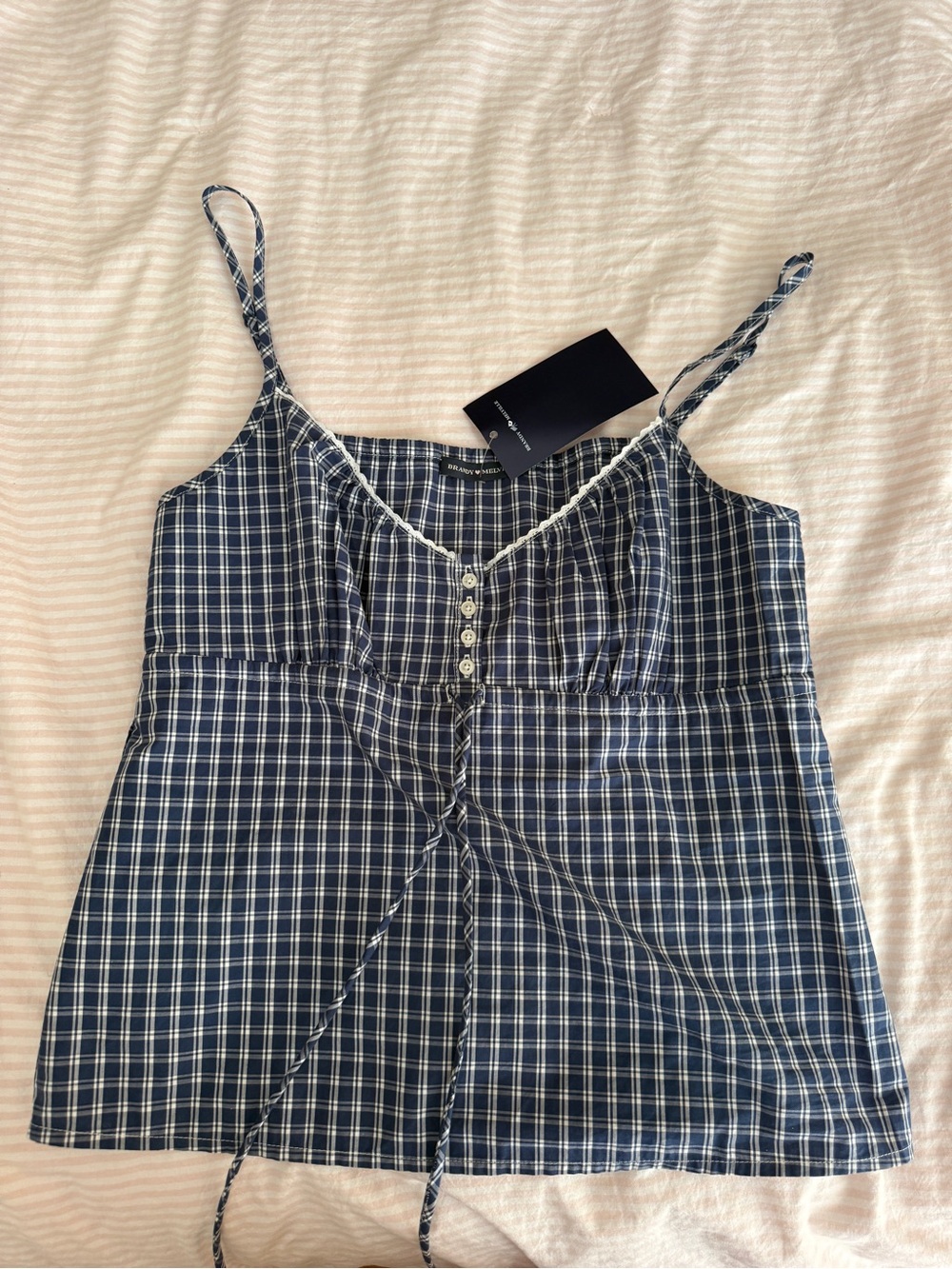 Brandy Melville Navy and White Plaid Cami with Lace Trim